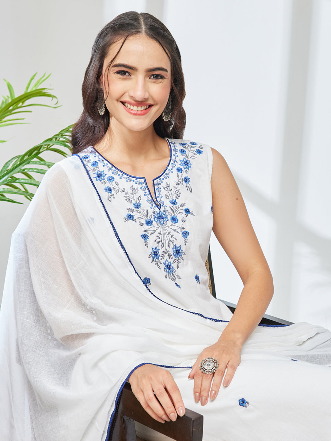 Janasya Women's White Pure Cotton Embroidered Straight Kurta Set