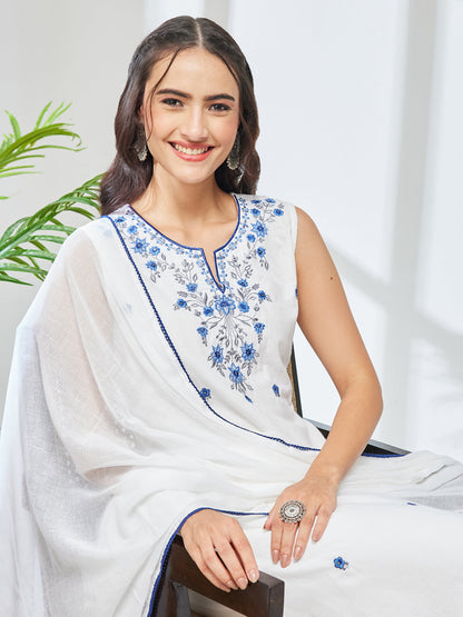 Janasya Women's White Pure Cotton Embroidered Straight Kurta Set