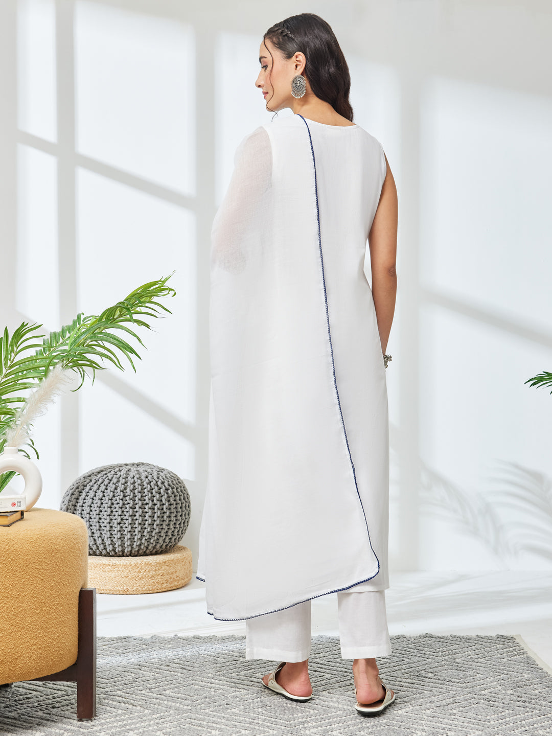 Janasya Women's White Pure Cotton Embroidered Straight Kurta Set