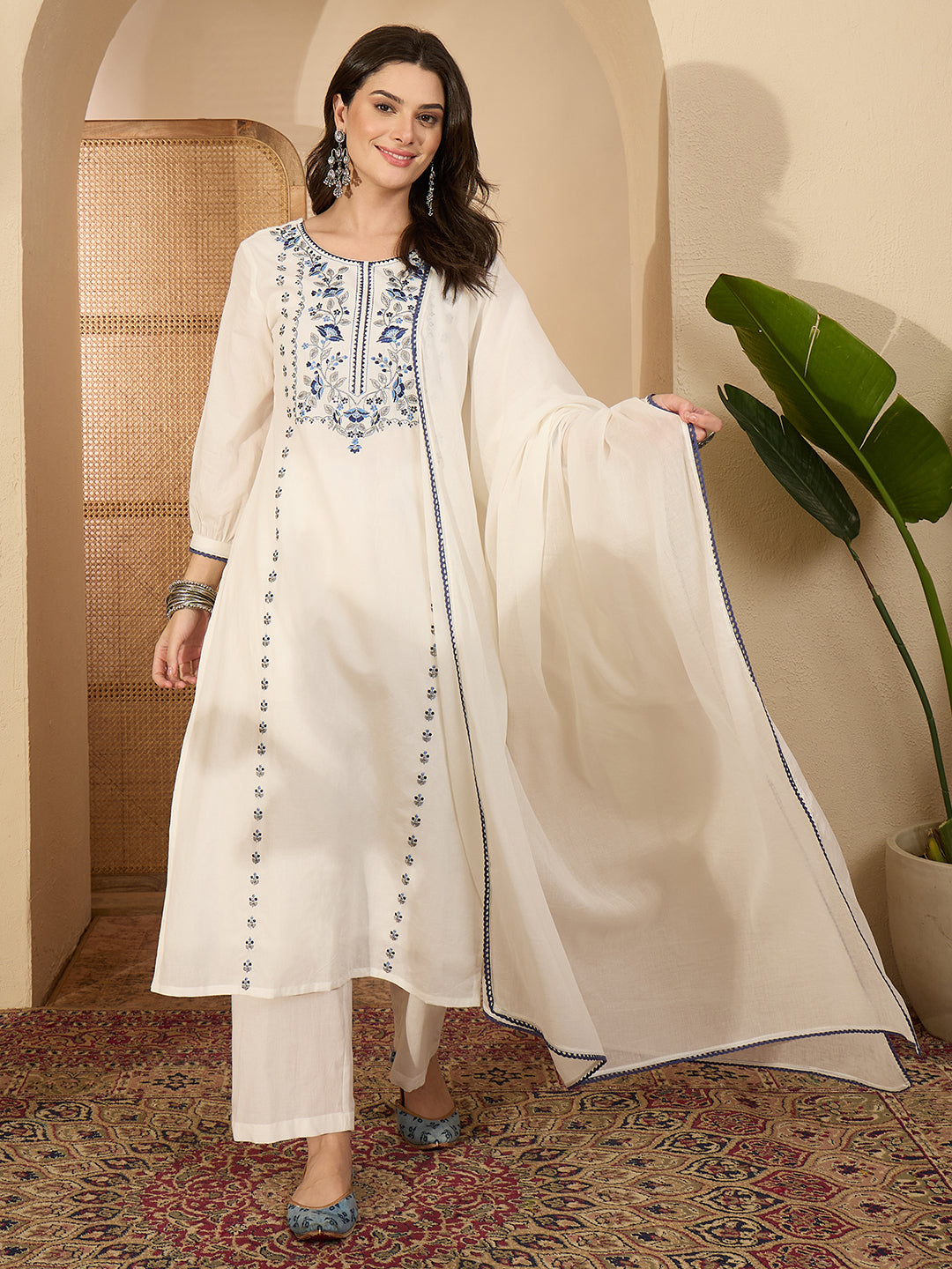 Janasya Women's White Pure Cotton Floral Embroidered Straight Kurta Set