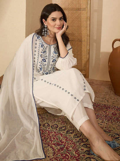 Janasya Women's White Pure Cotton Floral Embroidered Straight Kurta Set