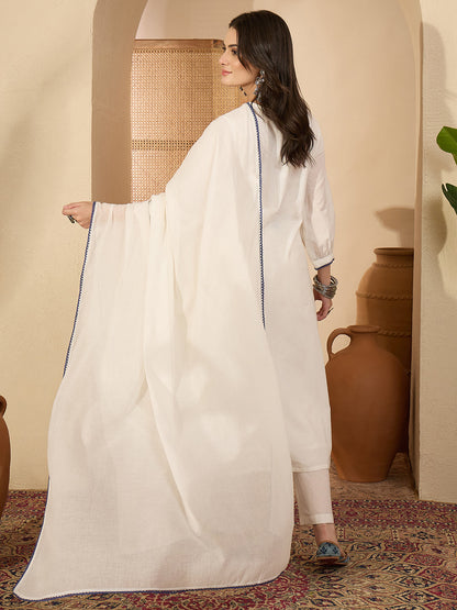 Janasya Women's White Pure Cotton Floral Embroidered Straight Kurta Set