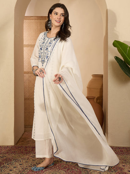 Janasya Women's White Pure Cotton Floral Embroidered Straight Kurta Set