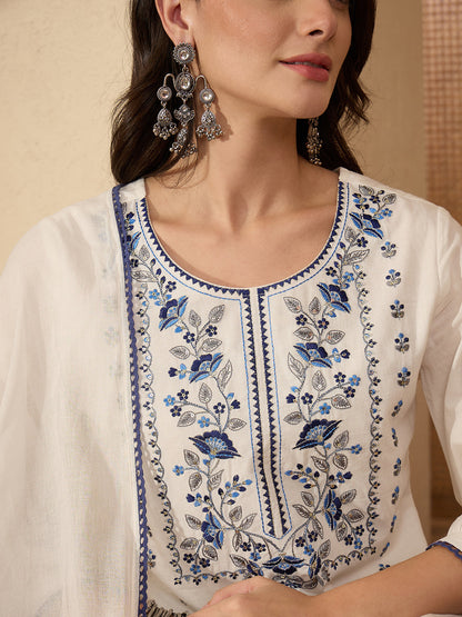 Janasya Women's White Pure Cotton Floral Embroidered Straight Kurta Set