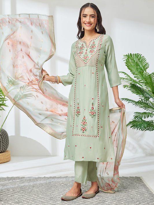Janasya Women's Mint Green Silk Blend Embroidered Straight Kurta Set with Jacquard Printed Dupatta