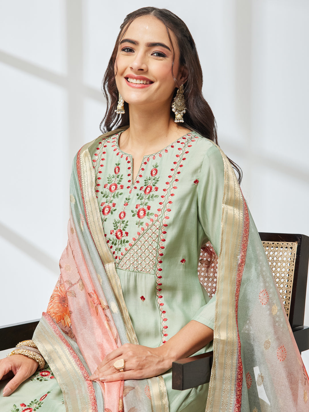 Janasya Women's Mint Green Silk Blend Embroidered Straight Kurta Set with Jacquard Printed Dupatta