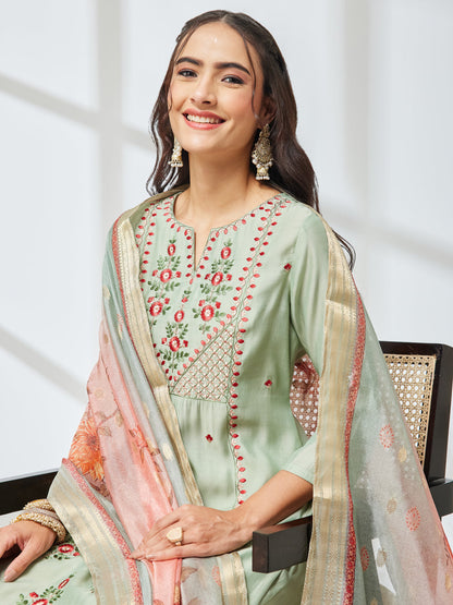 Janasya Women's Mint Green Silk Blend Embroidered Straight Kurta Set with Jacquard Printed Dupatta