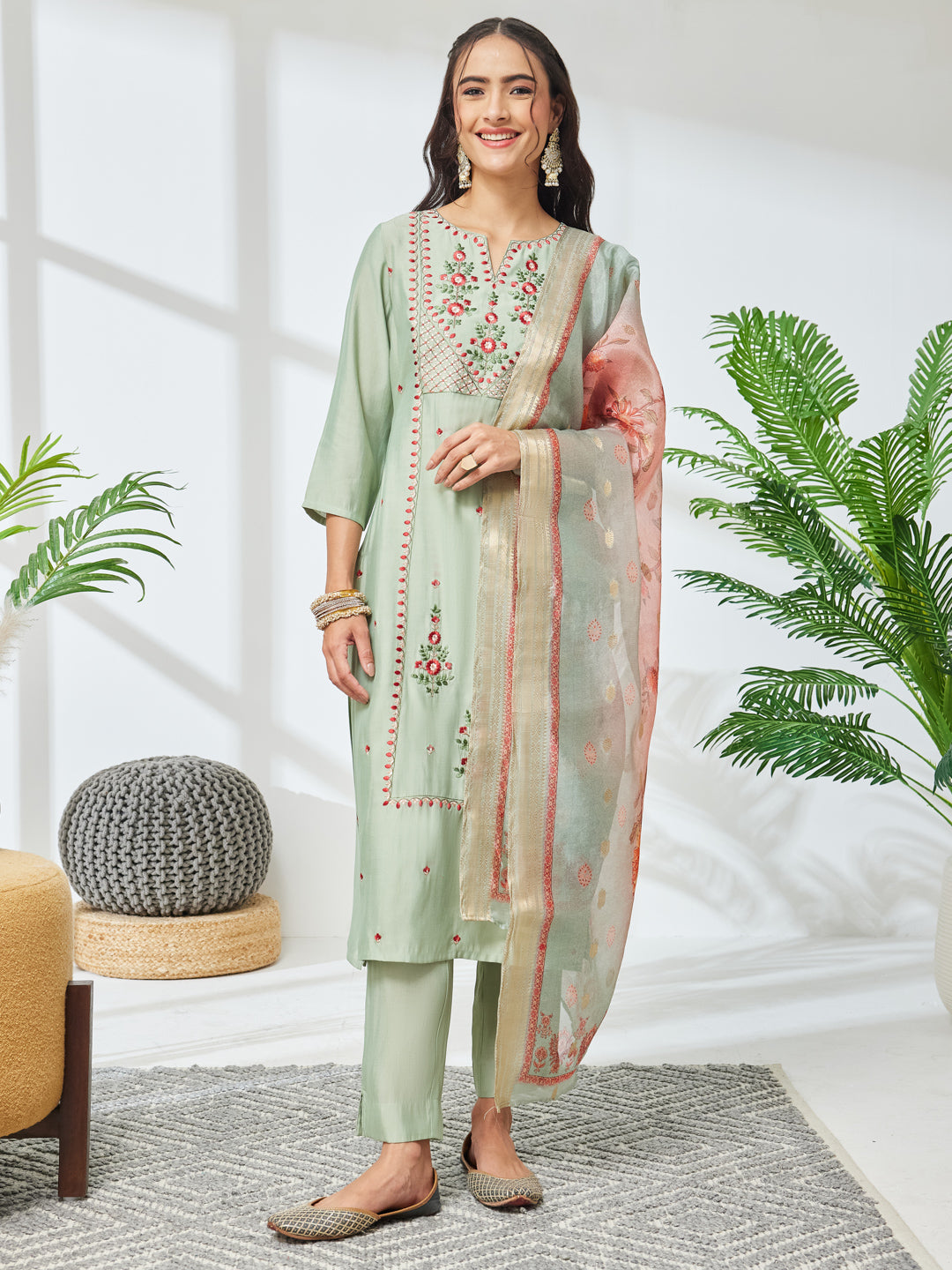 Janasya Women's Mint Green Silk Blend Embroidered Straight Kurta Set with Jacquard Printed Dupatta