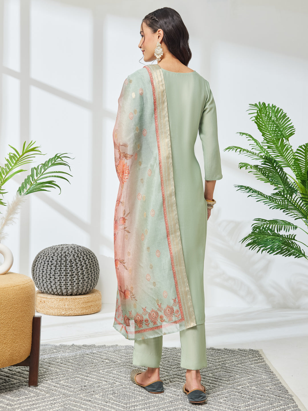 Janasya Women's Mint Green Silk Blend Embroidered Straight Kurta Set with Jacquard Printed Dupatta