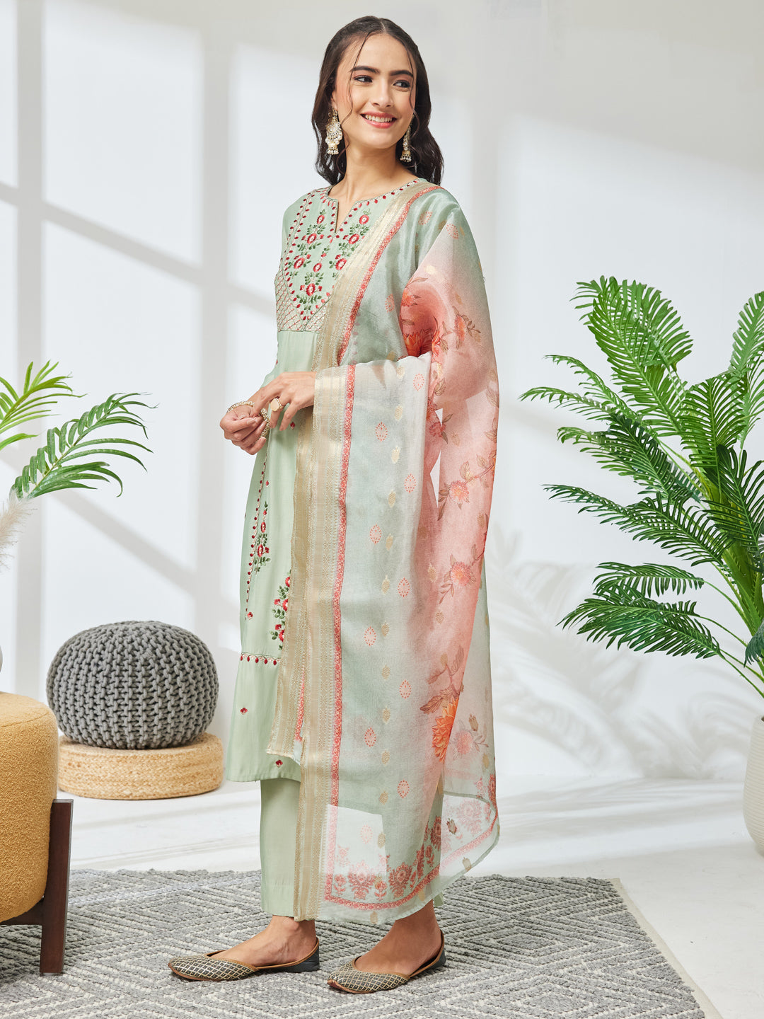 Janasya Women's Mint Green Silk Blend Embroidered Straight Kurta Set with Jacquard Printed Dupatta
