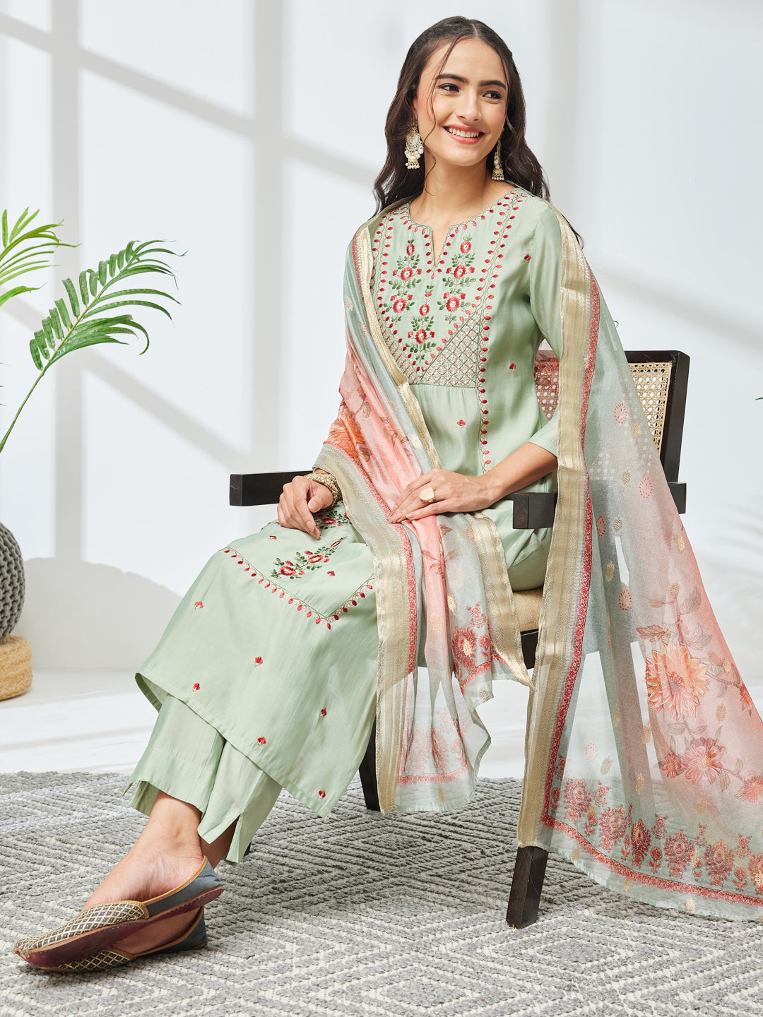 Janasya Women's Mint Green Silk Blend Embroidered Straight Kurta Set with Jacquard Printed Dupatta