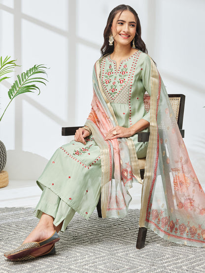 Janasya Women's Mint Green Silk Blend Embroidered Straight Kurta Set with Jacquard Printed Dupatta