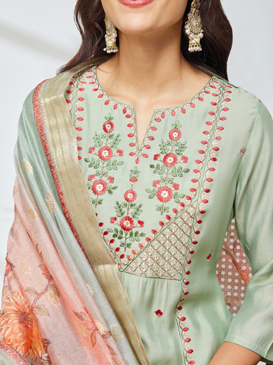 Janasya Women's Mint Green Silk Blend Embroidered Straight Kurta Set with Jacquard Printed Dupatta