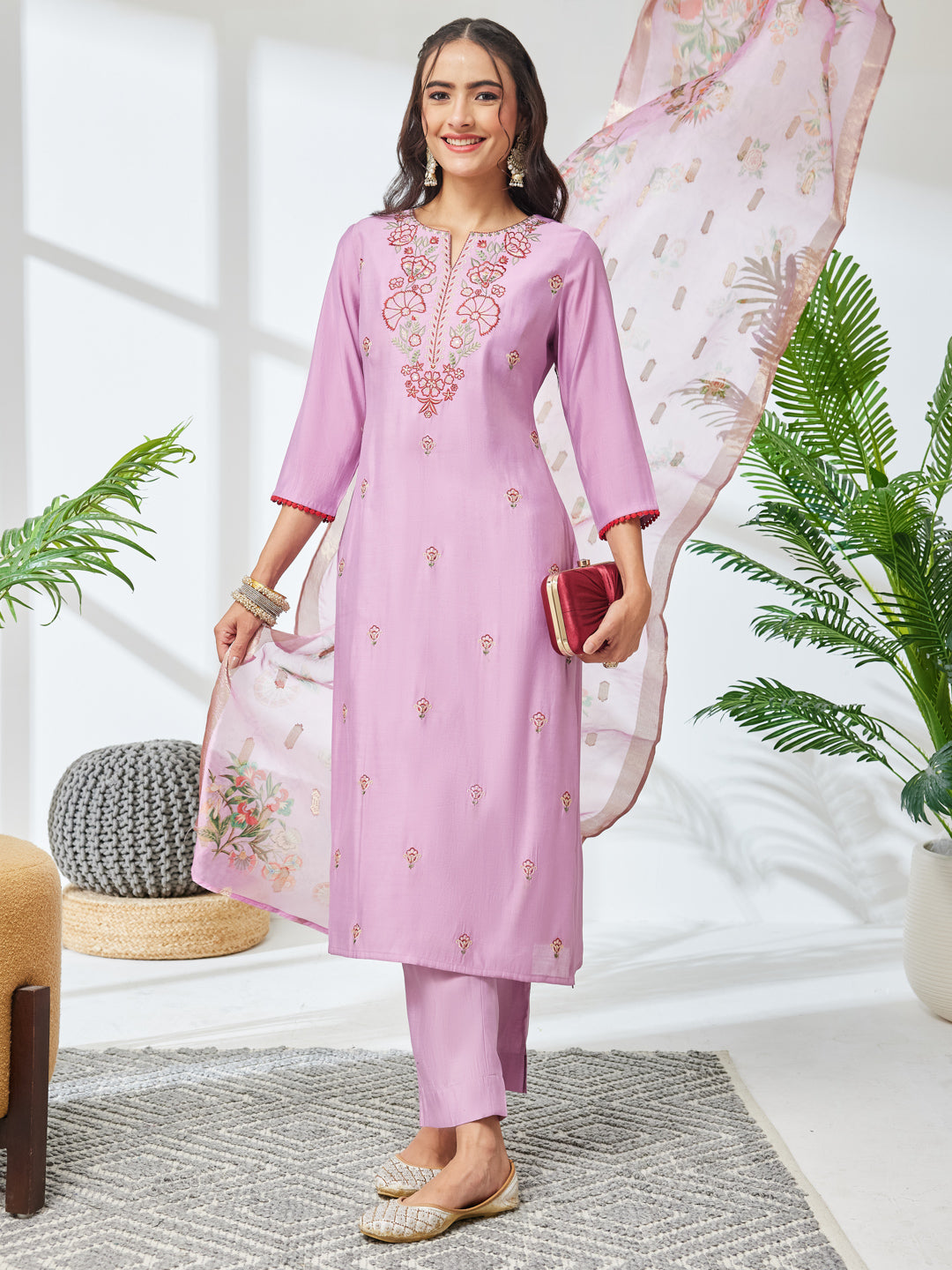Janasya Women's Lavender Chanderi Silk Floral Embroidered Straight Kurta Set with Printed Dupatta