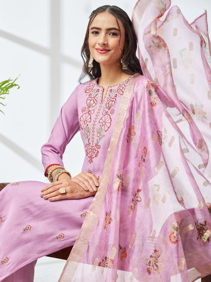 Janasya Women's Lavender Chanderi Silk Floral Embroidered Straight Kurta Set with Printed Dupatta