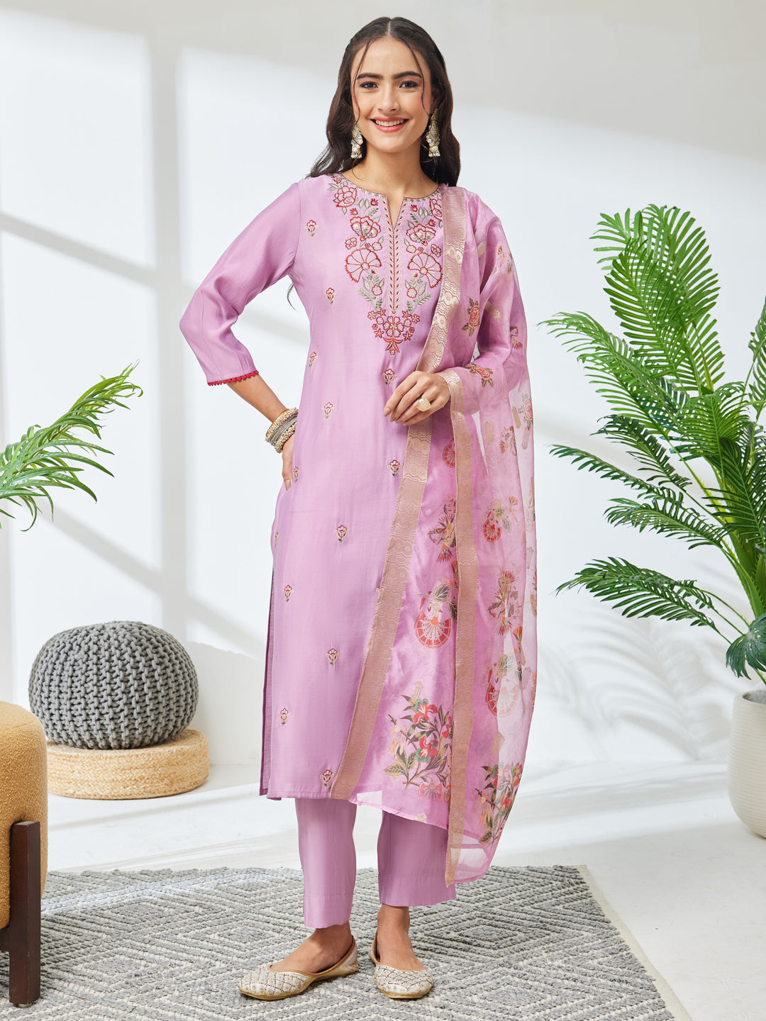 Janasya Women's Lavender Chanderi Silk Floral Embroidered Straight Kurta Set with Printed Dupatta