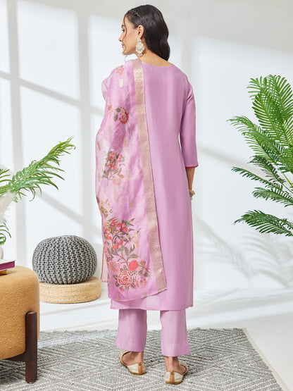Janasya Women's Lavender Chanderi Silk Floral Embroidered Straight Kurta Set with Printed Dupatta