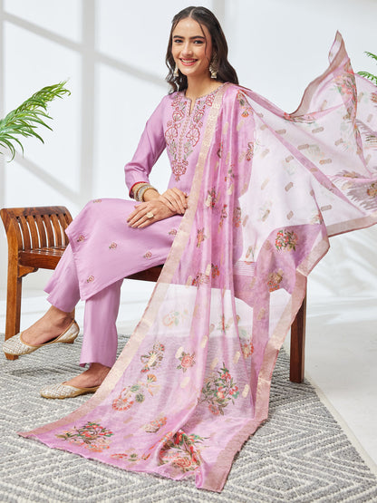 Janasya Women's Lavender Chanderi Silk Floral Embroidered Straight Kurta Set with Printed Dupatta