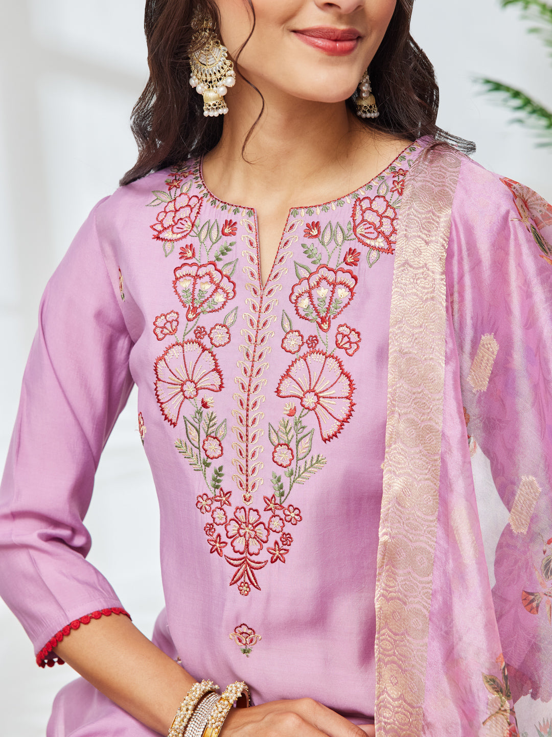 Janasya Women's Lavender Chanderi Silk Floral Embroidered Straight Kurta Set with Printed Dupatta