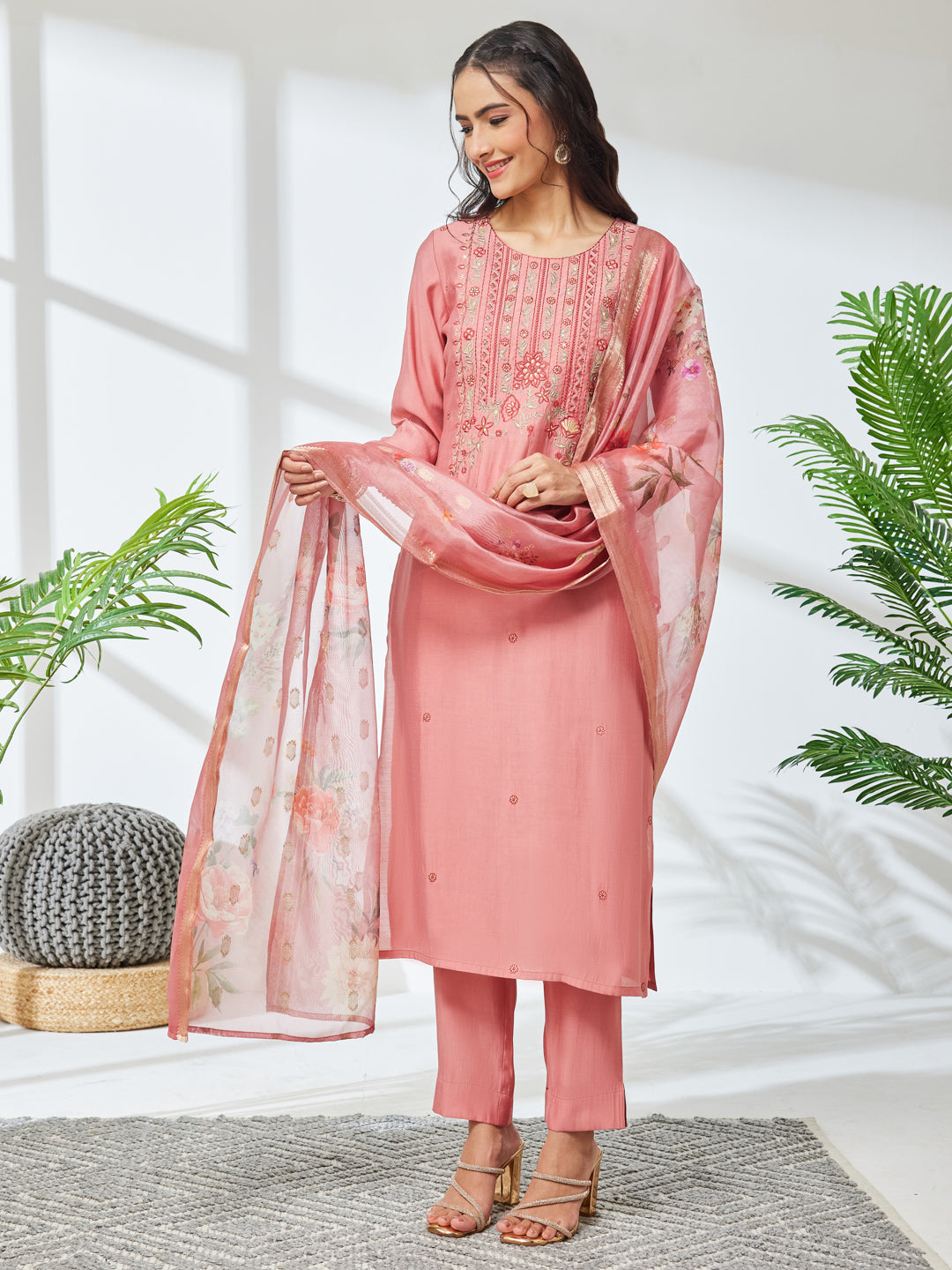 Janasya Women's Coral Color Silk Blend Embroidered Straight Kurta Set