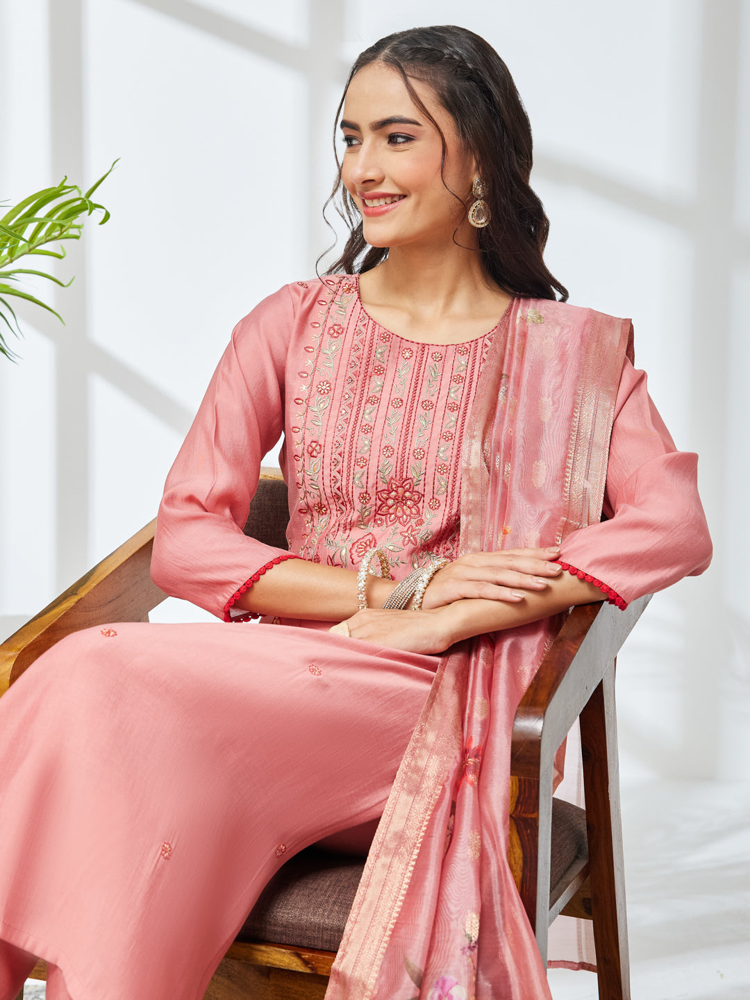 Janasya Women's Coral Color Silk Blend Embroidered Straight Kurta Set