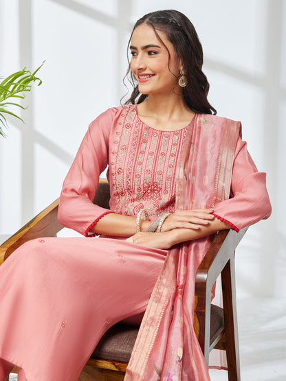 Janasya Women's Coral Color Silk Blend Embroidered Straight Kurta Set