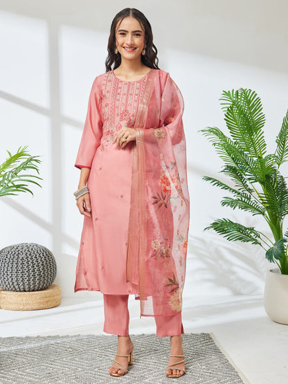 Janasya Women's Coral Color Silk Blend Embroidered Straight Kurta Set