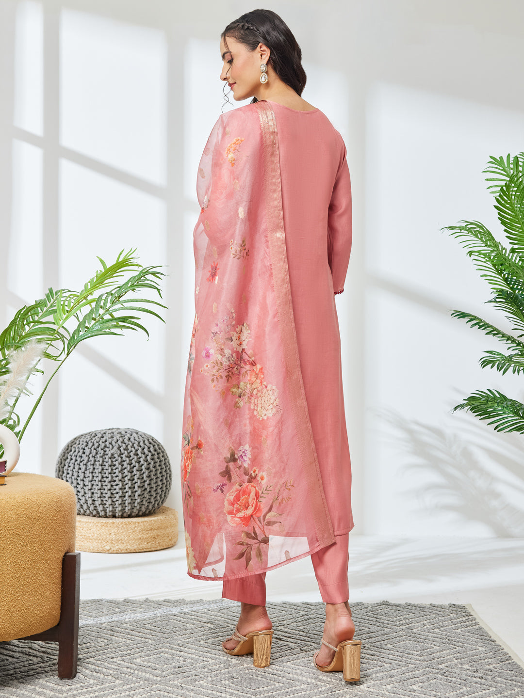 Janasya Women's Coral Color Silk Blend Embroidered Straight Kurta Set