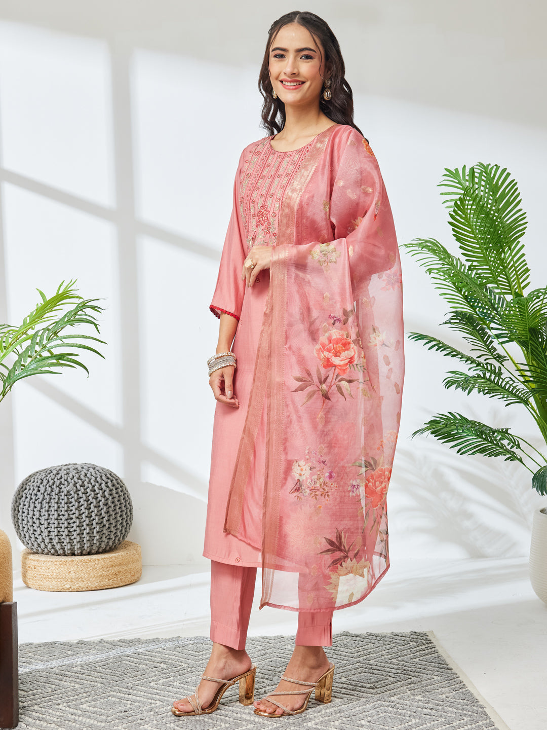 Janasya Women's Coral Color Silk Blend Embroidered Straight Kurta Set