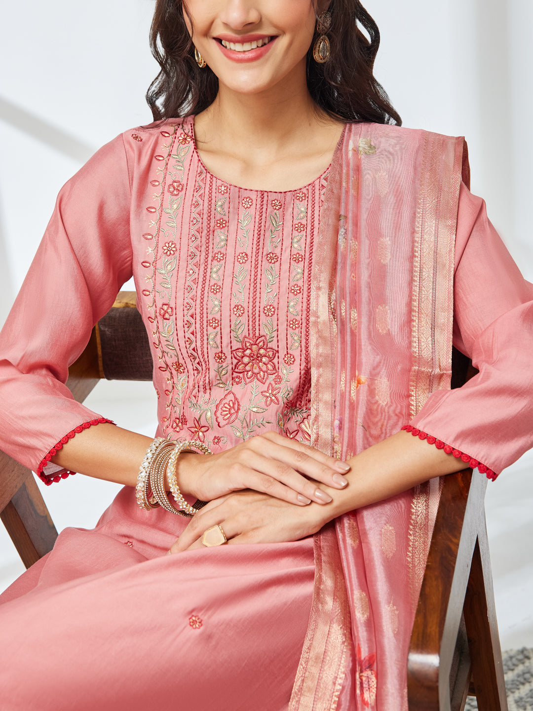 Janasya Women's Coral Color Silk Blend Embroidered Straight Kurta Set