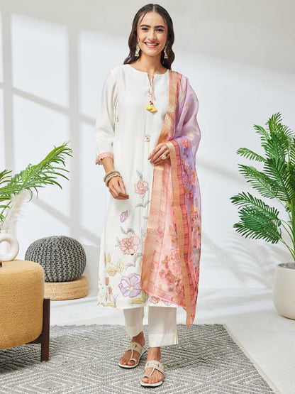 Janasya Women's Off White Chanderi Silk Floral Embroidered Straight Kurta Set