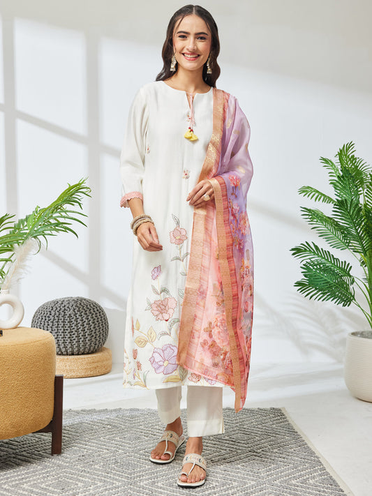 Janasya Women's Off White Chanderi Silk Floral Embroidered Straight Kurta Set