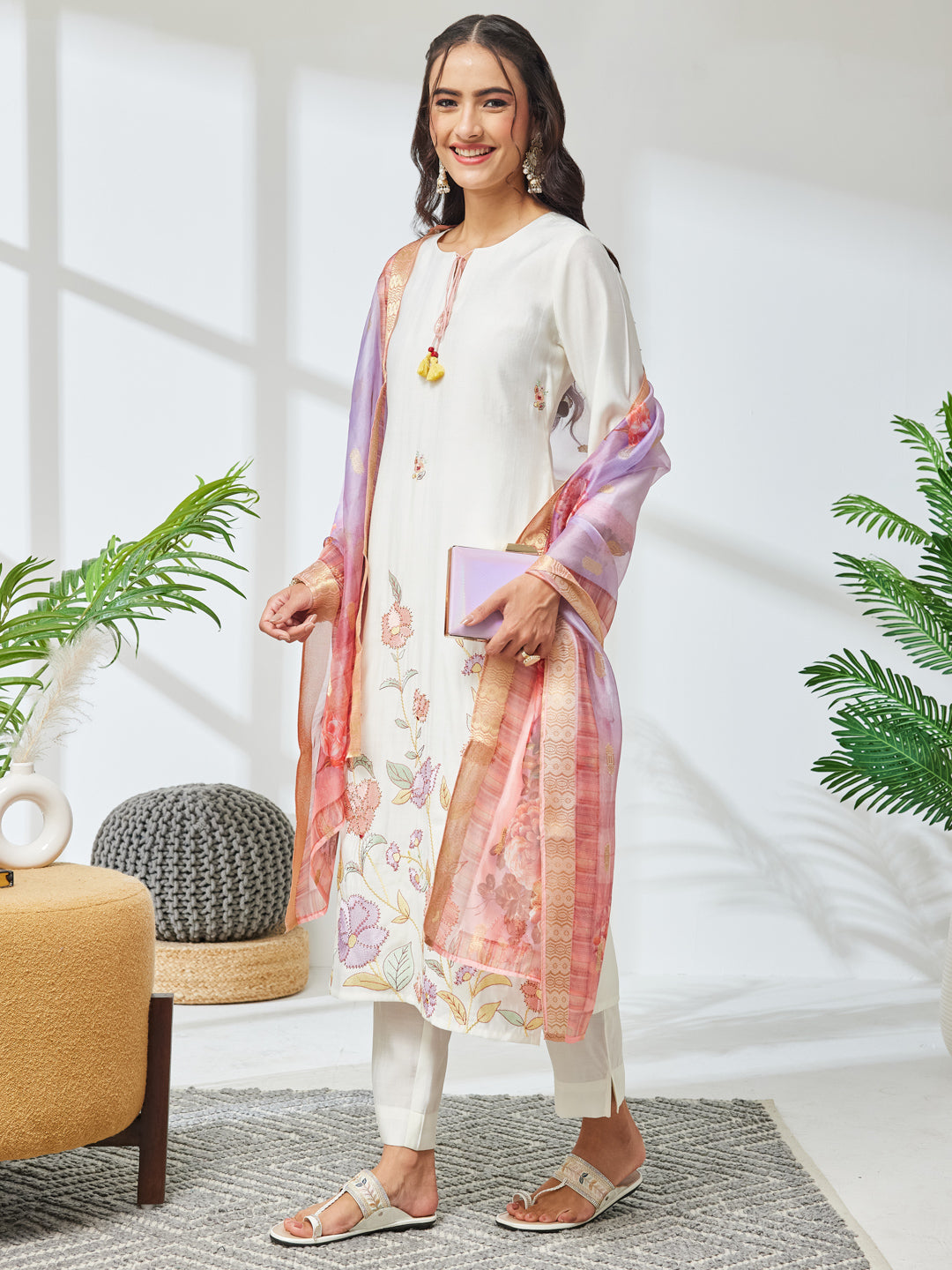 Janasya Women's Off White Chanderi Silk Floral Embroidered Straight Kurta Set