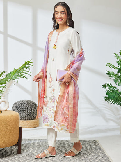 Janasya Women's Off White Chanderi Silk Floral Embroidered Straight Kurta Set