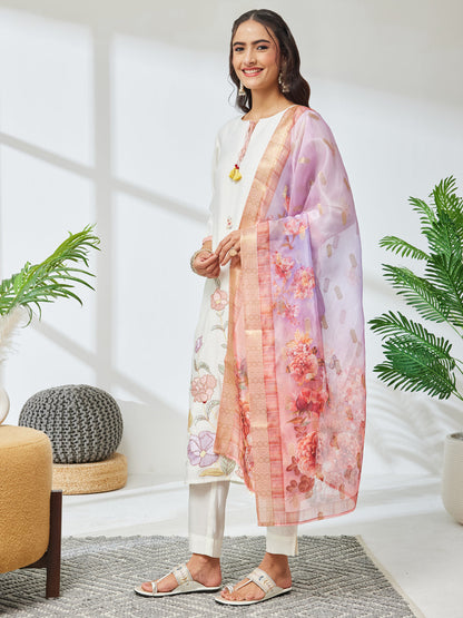 Janasya Women's Off White Chanderi Silk Floral Embroidered Straight Kurta Set