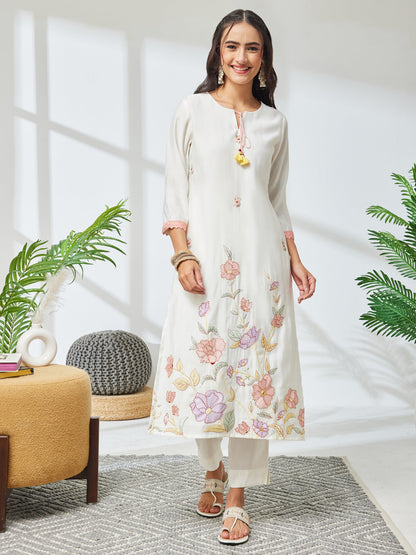 Janasya Women's Off White Chanderi Silk Floral Embroidered Straight Kurta Set