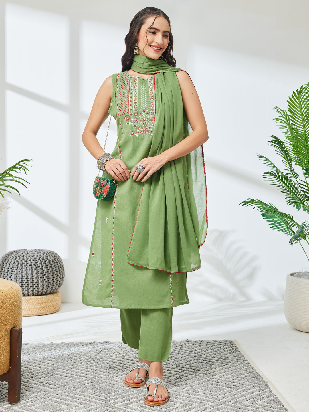 Janasya Women's Mint Green Linen Cotton Embroidered Straight Kurta Set