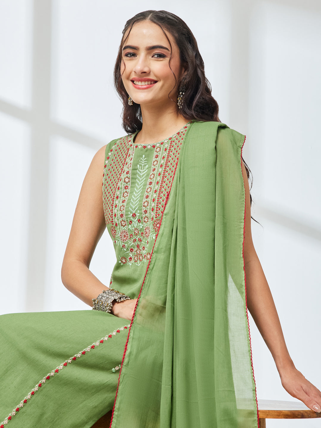 Janasya Women's Mint Green Linen Cotton Embroidered Straight Kurta Set