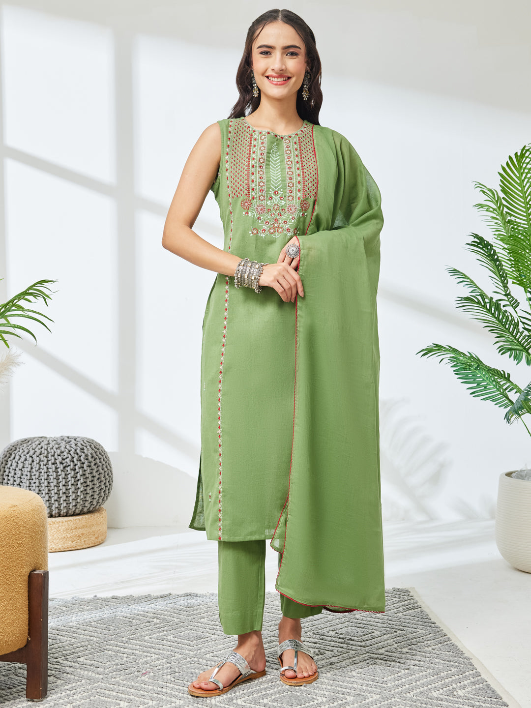 Janasya Women's Mint Green Linen Cotton Embroidered Straight Kurta Set