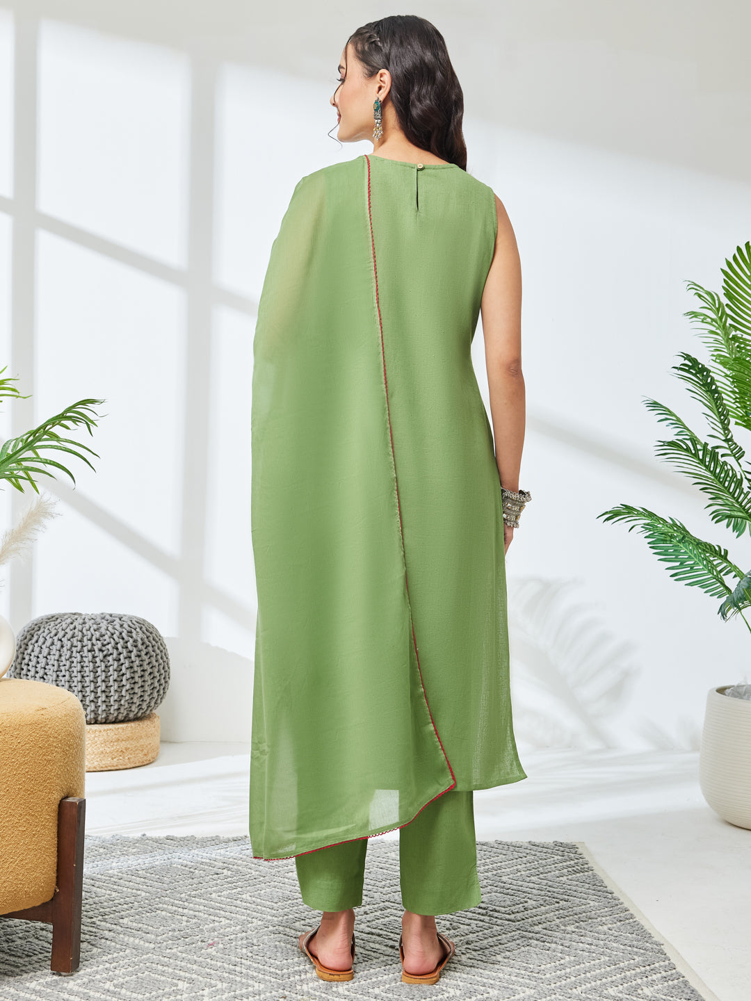 Janasya Women's Mint Green Linen Cotton Embroidered Straight Kurta Set