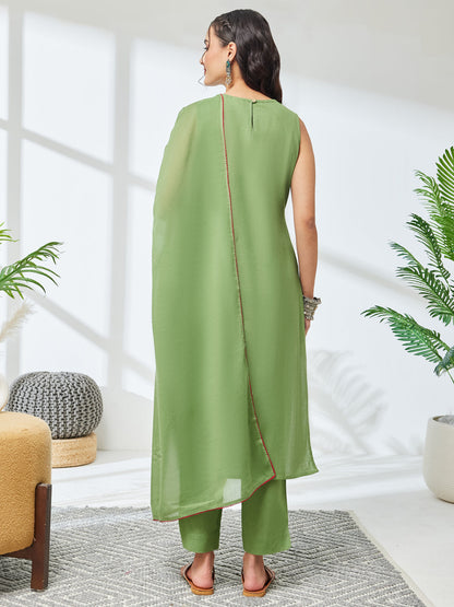 Janasya Women's Mint Green Linen Cotton Embroidered Straight Kurta Set