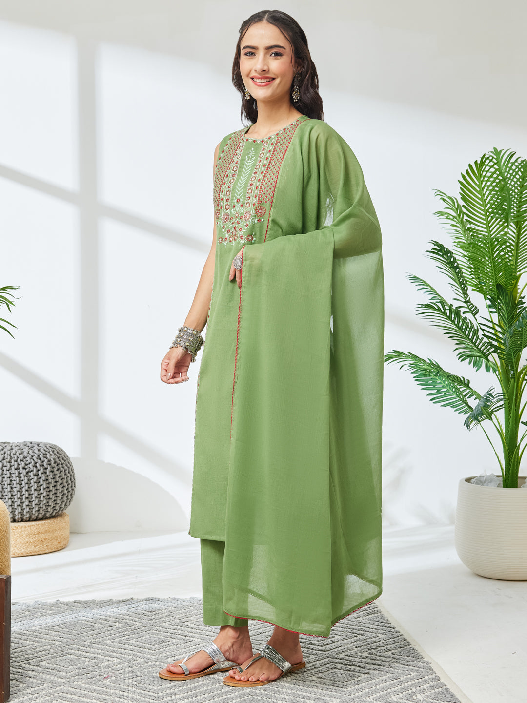 Janasya Women's Mint Green Linen Cotton Embroidered Straight Kurta Set