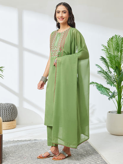Janasya Women's Mint Green Linen Cotton Embroidered Straight Kurta Set