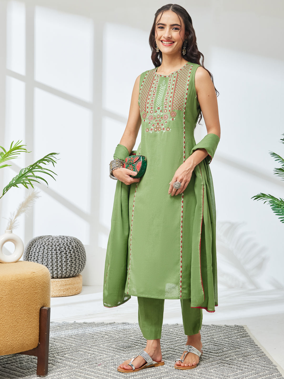 Janasya Women's Mint Green Linen Cotton Embroidered Straight Kurta Set