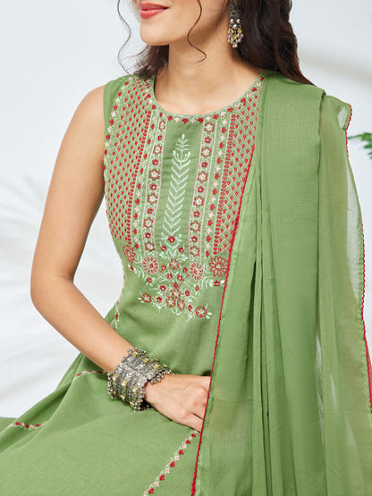 Janasya Women's Mint Green Linen Cotton Embroidered Straight Kurta Set