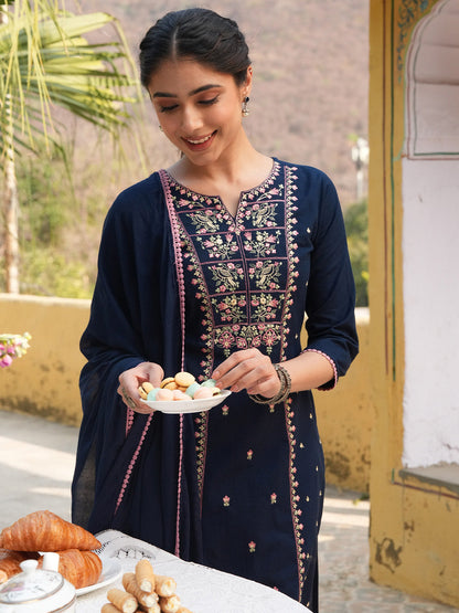 Janasya Women's Navy Blue Linen Cotton Embroidered Straight Kurta Set