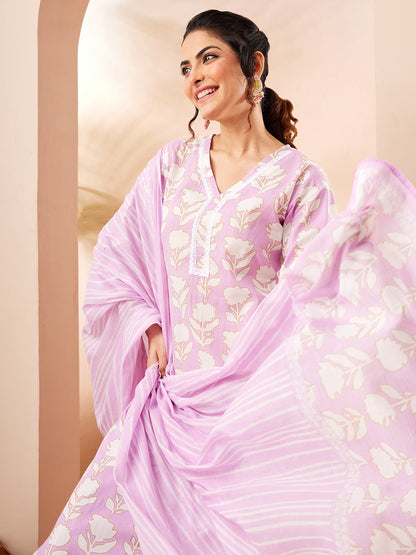 Janasya Women's Lavender Pure Cotton Floral Printed Straight Kurta Set