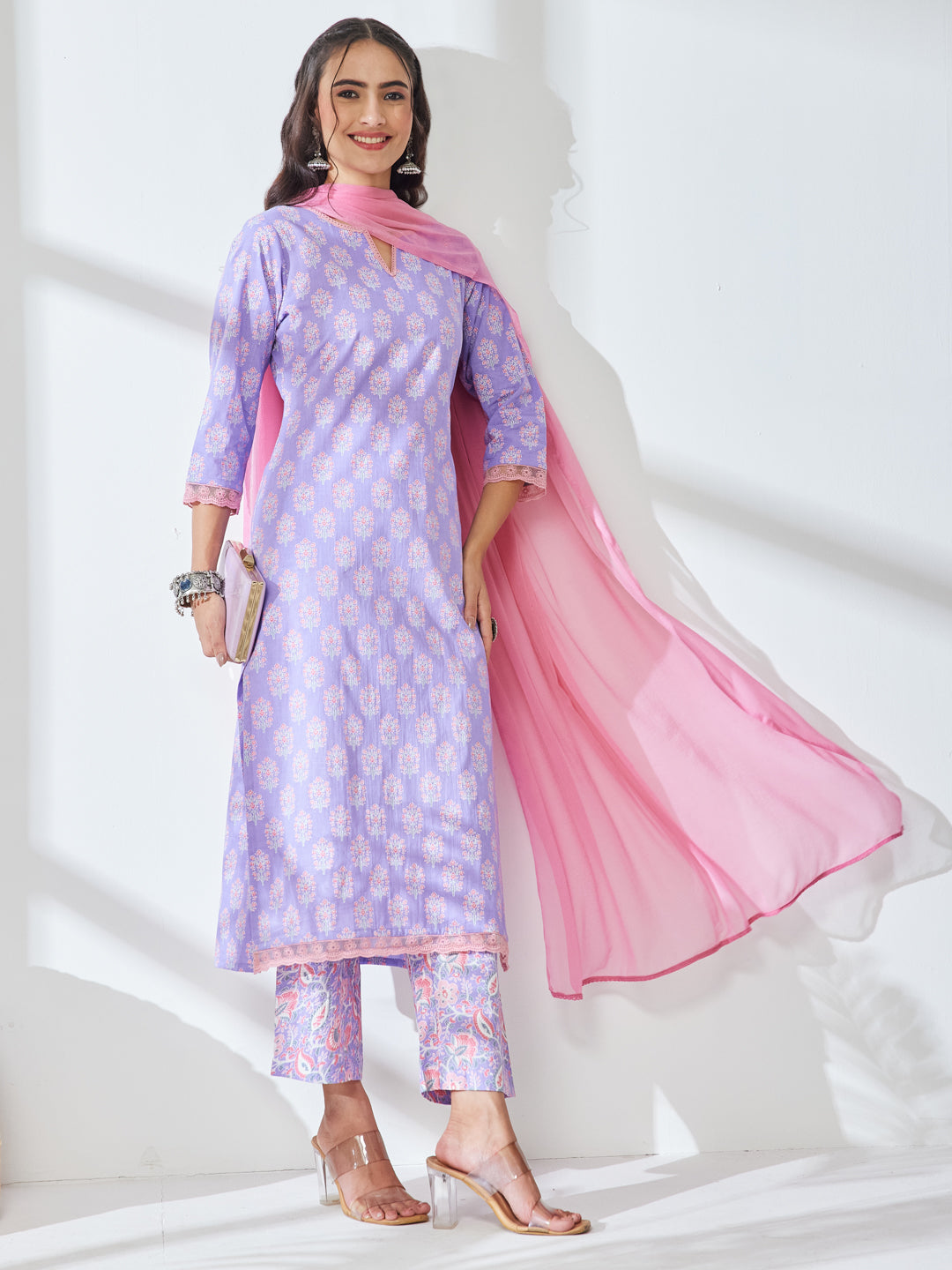 Janasya Women's Lavender Pure Cotton Floral Printed Straight Kurta Set
