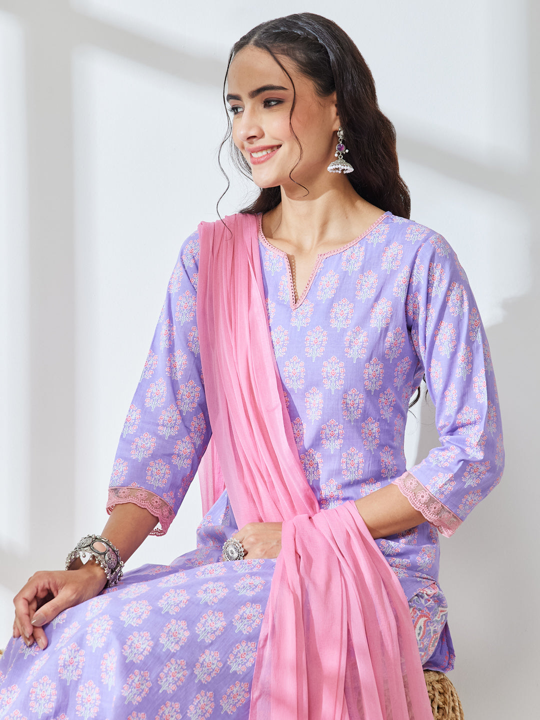 Janasya Women's Lavender Pure Cotton Floral Printed Straight Kurta Set