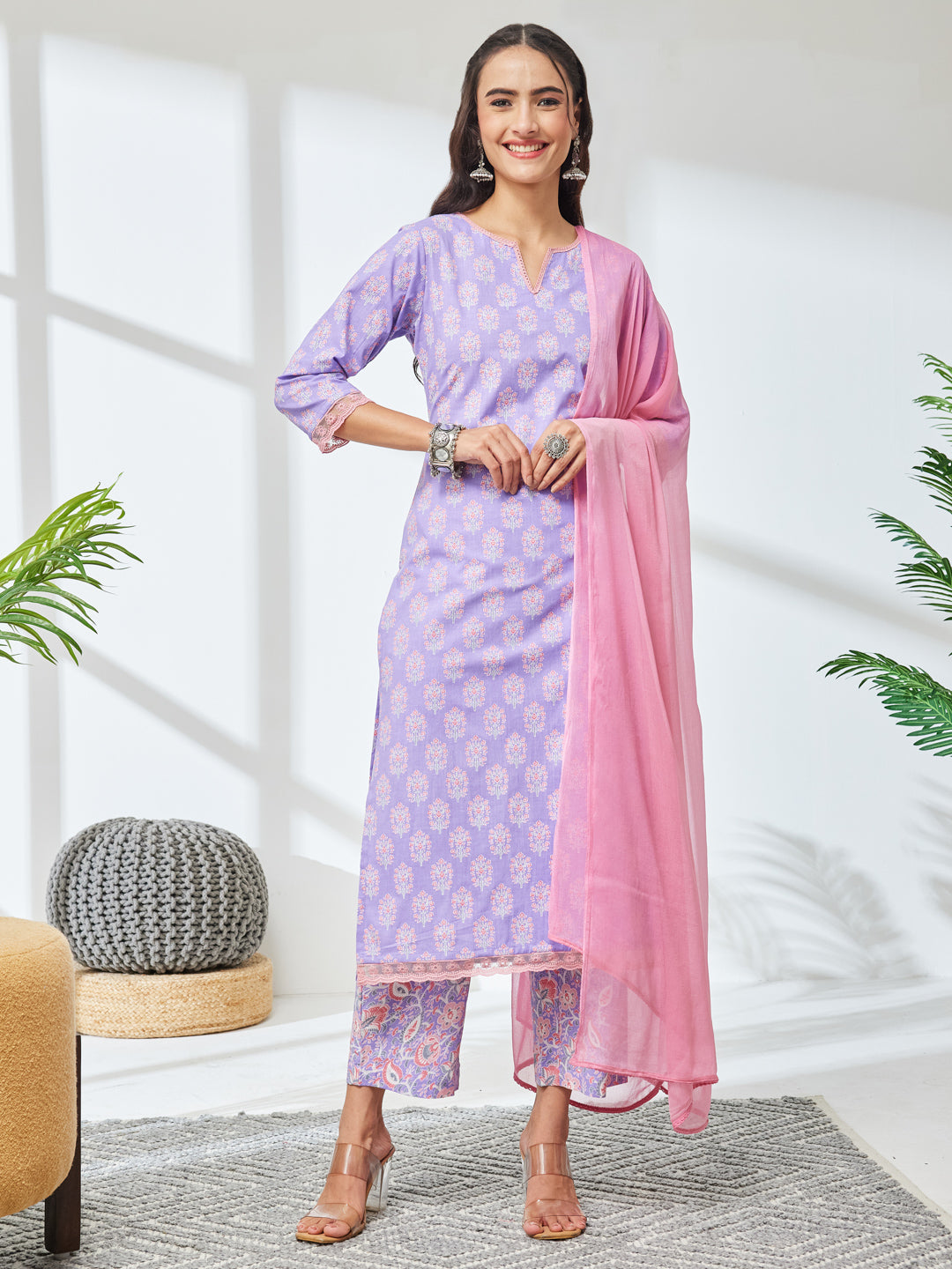 Janasya Women's Lavender Pure Cotton Floral Printed Straight Kurta Set